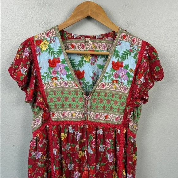 Tulle & Batiste Miriam Mini Dress Rococo Red Patchwork Floral Ruffle Midi M - Picture 5 of 9